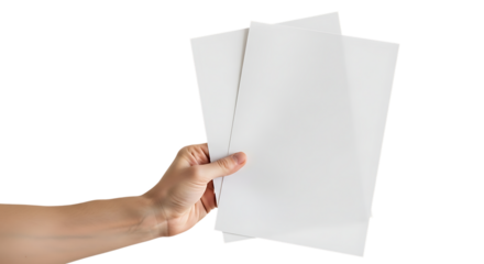 Hand Holding Blank White Paper Sheets on Isolated Black Background Studio Shot