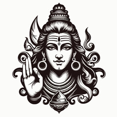 Detailed black and white illustration of Lord Shiva, a Hindu deity, with a third eye, crescent moon, and hand in Abhaya Mudra, depicting spiritual and divine essence.