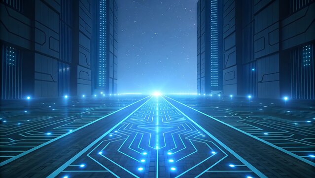 neon glowing blue electric circuits, modern tech grid background like road meade by technology or circuit