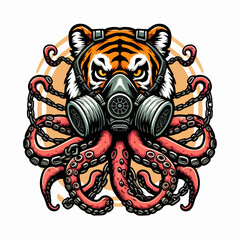 Intricate illustration of a tiger head wearing a gas mask and goggles, combined with octopus tentacles and chains, set against a circular background.