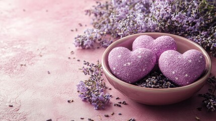 Three purple heart-shaped bath bombs in a pink bowl, surrounded by lilac flowers on a pink background.