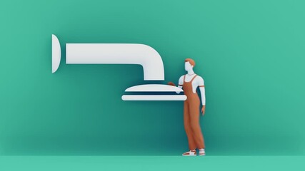 Creative 3D animation of plumber character installing bathroom fixtures, connecting pipes, fixing leaks, and completing modern sink setup — concept of plumbing service, home maintenance, repair indust