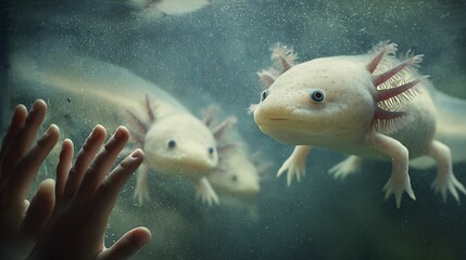 Axolotl amphibian salamander underwater pet exotic animal care mexican walking fish leucistic axolotl hands