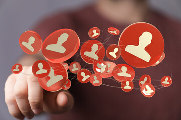 A network connecting human figures, showing the connection of people in business and social networks on interactive interface.