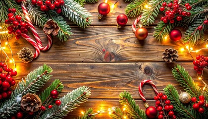 Rustic Wooden Table Christmas Flat Lay with Pine Branches, Red Berries, Candy Canes, and Ornaments, Festive Holiday Background
