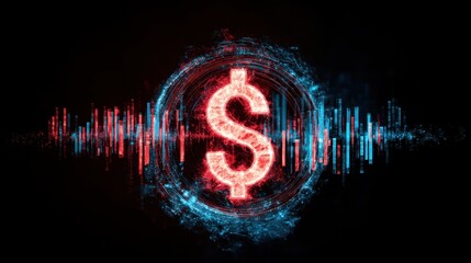Digital dollar symbol with sound wave representation, neon glow effect in red and blue tones, financial technology concept for business and investment themes