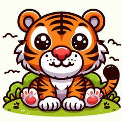 A cute cartoon baby tiger with big eyes and a friendly smile sitting on green grass.