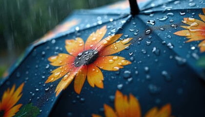Close up photo shows an umbrella with floral design in rain. Bright orange flowers contrast dark blue surface. Raindrops cover the umbrella in detail.