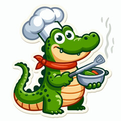 Obraz premium Cute cartoon alligator chef cooking vegetables in a pot with a spoon, wearing a chef's hat and red bandana, steam rising from the dish.