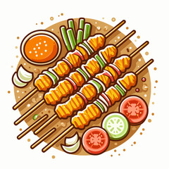 Illustrative overhead view of grilled chicken skewers with vegetables, dipping sauce, and fresh garnishes.