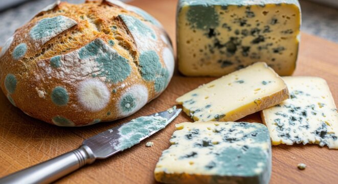Close up of moldy bread loaf and sliced blue cheese with knife on wooden cutting board