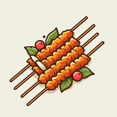 Illustration of several grilled skewers with meat, garnished with fresh green leaves and red berries, presented in a simple, cartoonish style.