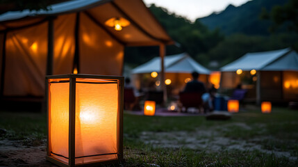 Camping under the stars with warm lights, evoking a sense of peace and connection with nature.
