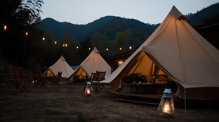 Glamping tents glow under a starry sky, inviting relaxation and outdoor adventure. A cozy escape in nature, perfect for tranquil retreats.