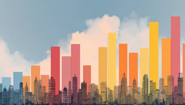 City skyline overlaid with colorful bar graphs, representing growth and data visualization