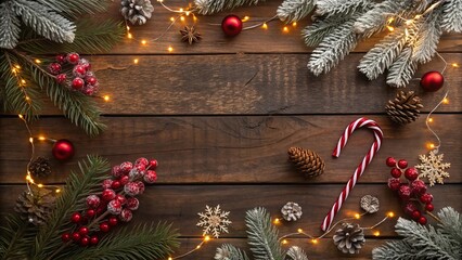 Rustic Wooden Table Christmas Flat Lay with Pine Branches, Red Berries, Candy Canes, and Ornaments, Festive Holiday Background
