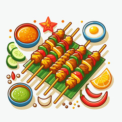 Colorful illustration of grilled chicken and vegetable skewers served with various dipping sauces and garnishes on a banana leaf.