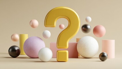 3D rendering featuring a gold question mark, geometric shapes, and floating spheres against a beige backdrop