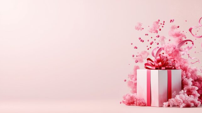 Elegant White Gift Box with Pink Ribbon and Pink Cloud Explosion on Light Pink Background, Minimalist Presentation for Special Occasions