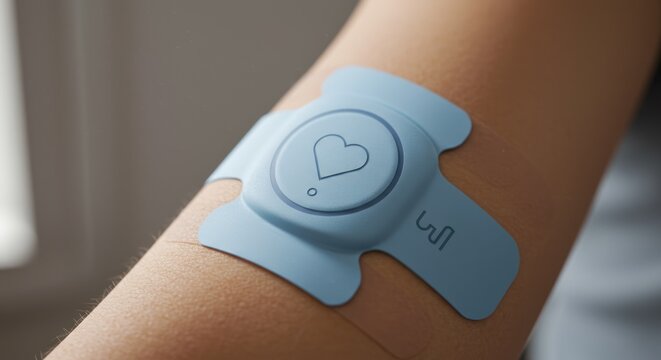 Adhesive patch heart symbol on arm for health monitoring concept