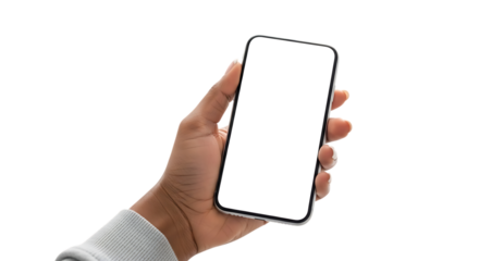 Hand holding smartphone with blank white screen for app mockup