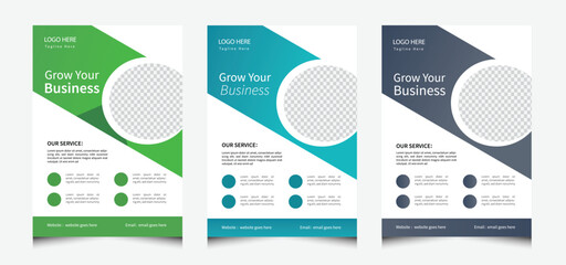 Three business flyer templates with green, blue, and gray color schemes isolated on white background