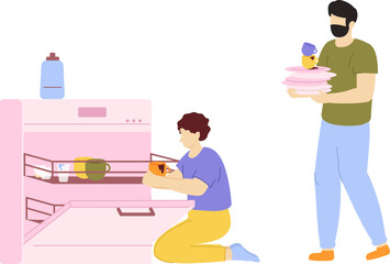 Couple loading dishwasher with dirty dishes at home