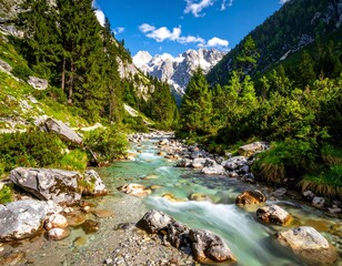 Alpine River Winding Through Lush Valley.