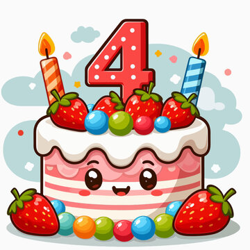 A cute cartoon birthday cake with a number 4, strawberries, candies, and lit candles, celebrating a fourth birthday.