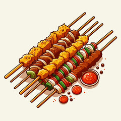 A vibrant cartoon illustration of a dirt biker navigating a winding off-road track through a scenic mountain forest landscape.