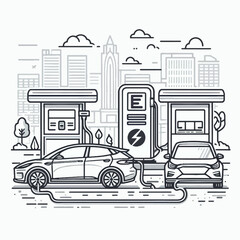 Line art illustration of electric cars charging at a station in a modern city environment.