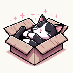 An adorable black and white cartoon cat sleeping peacefully inside a cardboard box with pink sparkles.