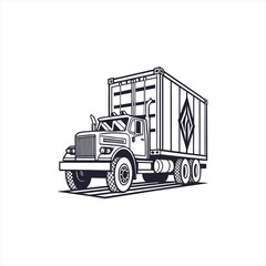 Black and white illustration of a semi truck with a cargo container