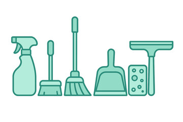 Collection of household cleaning tools icons for sweeping and washing surfaces