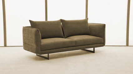 Modern two seater sofa with pillows in minimalist interior setting