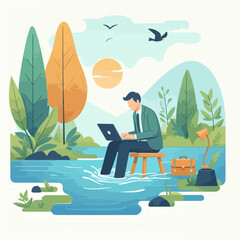 A man working on a laptop while sitting in a body of water surrounded by nature.