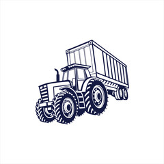 Stylized illustration of a blue tractor pulling a trailer