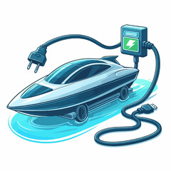 Futuristic electric amphibious vehicle charging, combining boat and car elements with a power station.