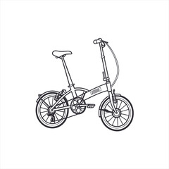 Line art illustration of a compact folding bicycle on a white background
