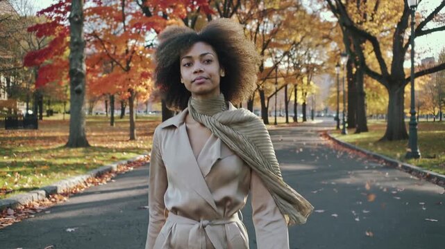 Bellissima donna di origini Afro americane vestita con un elegante cappotto e una sciarpa cammina felice in un parco di una citt&agrave; in autunno durante il foliage