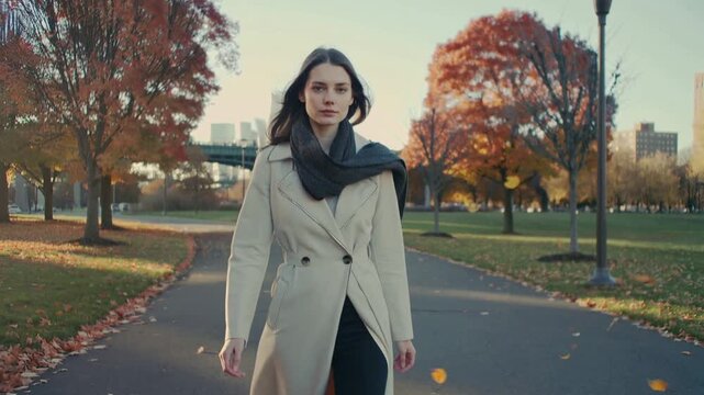 Bellissima donna vestita con un elegante cappotto e una sciarpa cammina felice in un parco di una citt&agrave; in autunno durante il foliage