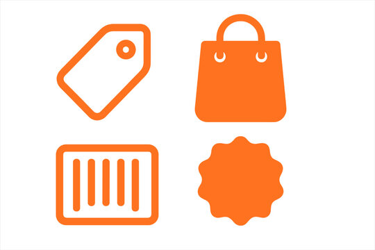 Set of orange outline commerce icons featuring price tag shopping bag barcode and badge