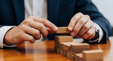 Business professional carefully building a tower with wooden blocks on a desk for strategy
