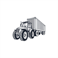 Line art drawing of a modern tractor pulling a large trailer