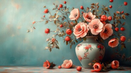 Still life painting of pink flowers in a vase on a wooden surface against a blue background.