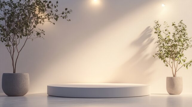 Minimalist product display platform with plants.  Ideal for showcasing items