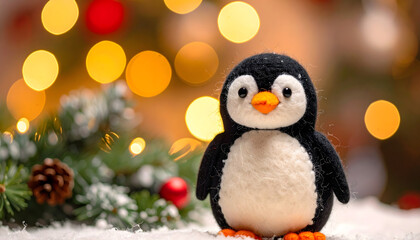 Fototapeta premium Cute Christmas penguin toy with red scarf sitting in snow with festive lights and pine decorations