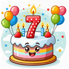 A festive birthday cake with a large number 7 candle, surrounded by colorful balloons and lit candles, celebrating a child's seventh birthday.