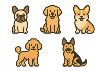 Fototapeta premium Set of five cute cartoon dog breeds icons including French Bulldog and Corgi