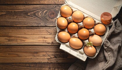 Fresh Eggs in Carton on Wooden Table.